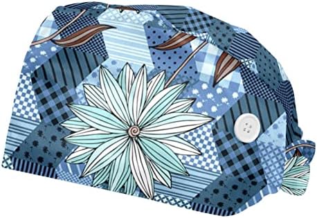 Düğme ve Ter Bandı ile ayarlanabilir Çalışma Kapağı, 2 Paket Kabarık Fırçalama Şapkaları, Renkli Çiçek Şerit Unisex Cerrahi Kapak