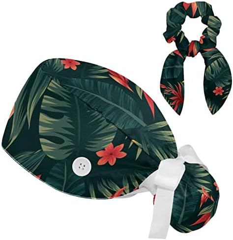 Ayarlanabilir çalışma kapağı Tropikal Yeşil Yapraklar Kırmızı Çiçek Kabarık Şapka Düğmeleri ile Fırçalayın Şapka Yay Saç Toka