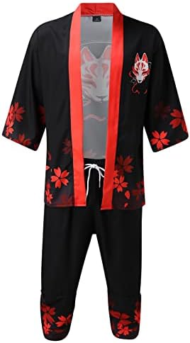 Erkek Japon Kimono Hırka Seti Şık Gevşek Açık Ön Ceket Kırpılmış Pantolon ile Çin Tarzı Baskılı Rahat Takım Elbise