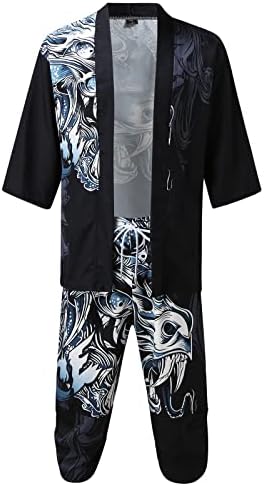 Erkek Japon Kimono Hırka Seti Şık Gevşek Açık Ön Ceket Kırpılmış Pantolon ile Çin Tarzı Baskılı Rahat Takım Elbise