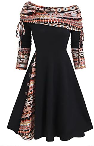 NOKMOPO Kazak Elbiseler Kadınlar için 2022 Cabrio Boyun Cinched Çizgili Flare bir çizgi elbise Uzun Kollu Elbise Kadınlar için