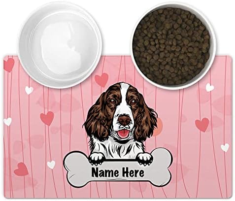 CafeTime Kişiselleştirilmiş evcil hayvan besleme matı ile Komik Köpek İngilizce Springer Spaniel Peeking Kalp Pembe Arka Plan, 18 x