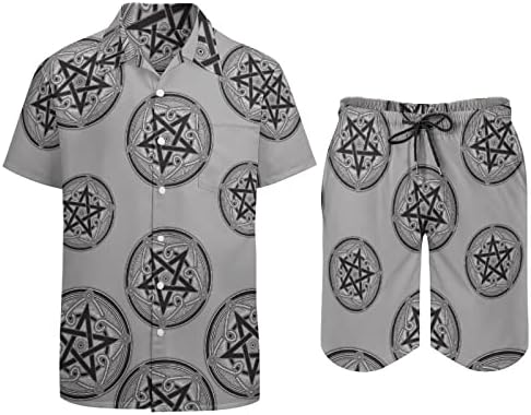 Pentagramı Sunak Pentagram erkek 2 Parça Plaj Kıyafetleri Hawaiian Düğme Aşağı Kısa Kollu Gömlek ve Şort Takım Elbise