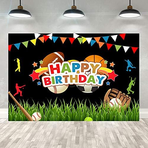 5×3ft Boy Spor Mutlu Doğum Günü Fotoğraf Backdrop Renkli Bayraklar Yıldız Tahta Arka Plan Beyzbol Futbol Basketbol Rugby 1st Doğum