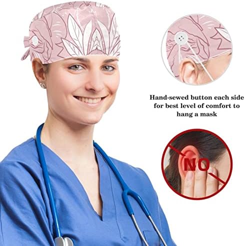 Düğmeli Ayarlanabilir Çalışma Başlığı, Çiçek Desenli Cerrahi Başlık Ter Bandı, Fiyonklu Şapkaları Geri Bağlayın Saç Tokası