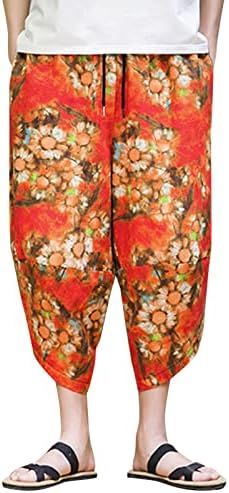 Dikişli Kırışık Pantolon Erkek İlkbahar Yaz Çiçek Pamuk Keten Pantolon Gevşek Baskılı Tam Baskı Pantolon Rave