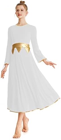 HIHCBF Kadınlar Altın Metalik Övgü Dans Elbise Yetişkinler Liturjik Ibadet Kostüm Uzun Kollu Bi Renk Lirik Praisewear