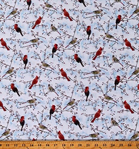Pamuk Kış Kuşlar Kardinaller İspinozları Kırmızı Meyveler Dalları Noel Tatili Mavi Pamuklu Kumaş Baskı Yard tarafından (D503. 31)